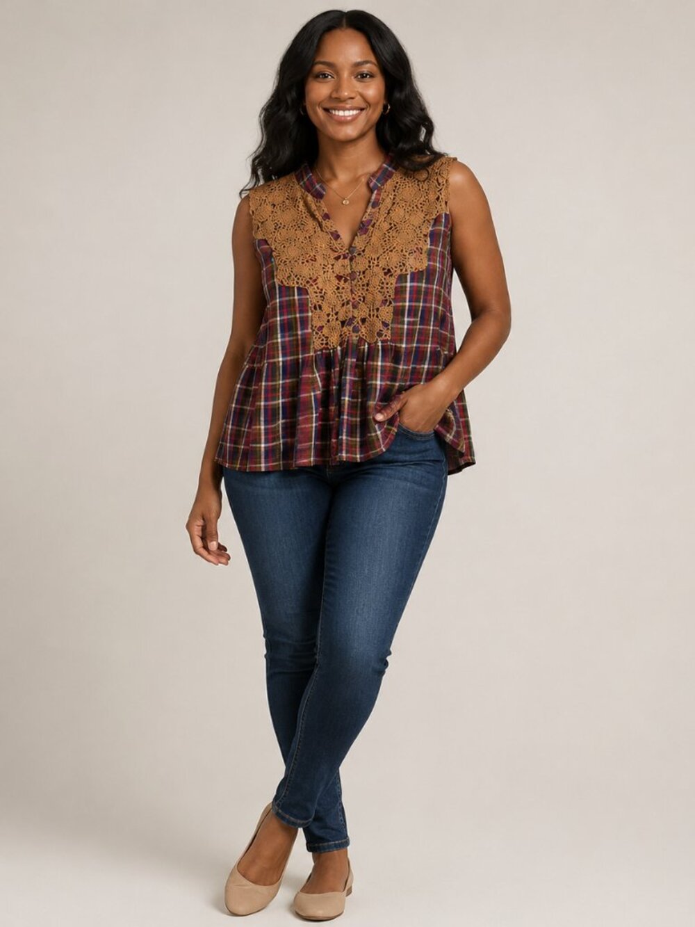 Anthropologie Ollari Plaid Crochet Lace Sleeveless Top Boho Cottagecore Blouse